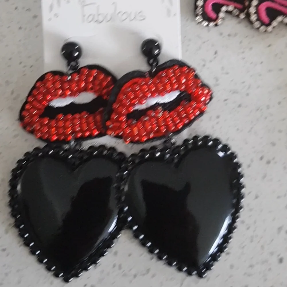 Beaded Red Lips & Black Heart Statement Earrings | 3.5” Lightweight | Kiss &Tell